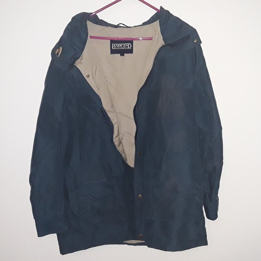 Lands End mens large steel blue w/tan lining all weather jacket w/many pockets